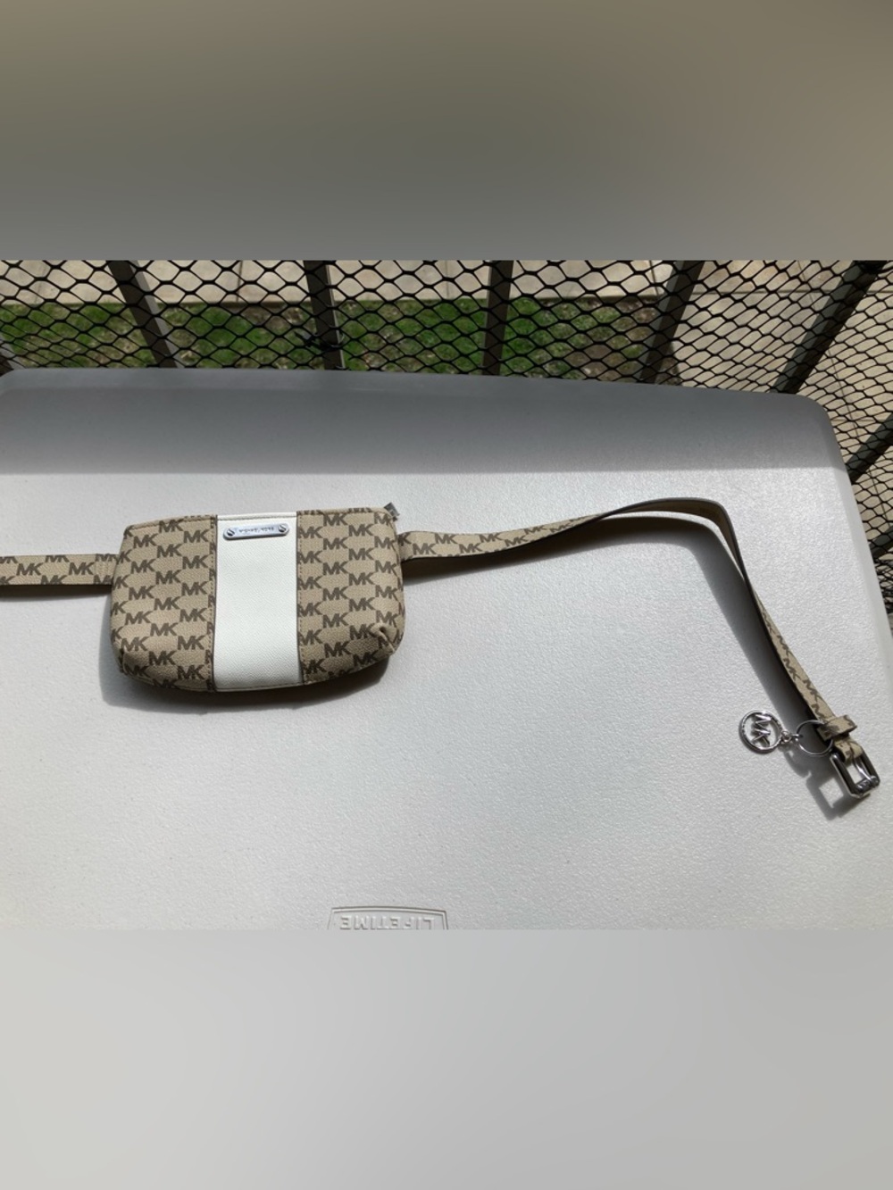 Michael Kors Signature Logo Print Belt Bag Brown Khaki Sporty White Stripe S/M - Picture 9 of 17